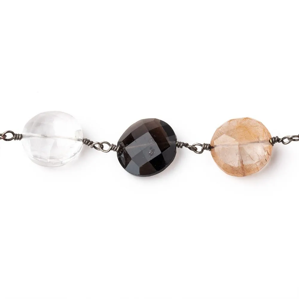 10-12mm Multi Gemstone Faceted Coin Beads on Black Gold over .925 Silver Chain