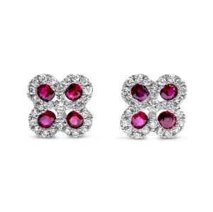 14k White Gold Diamond Ruby Flower Earrings