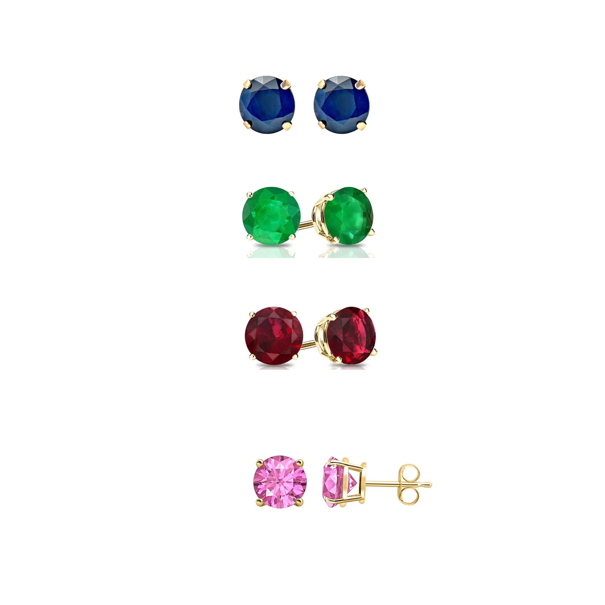 14k Yellow Gold Plated 4Ct Created Blue Sapphire, Emerald, Ruby and Pink Sapphire 4 Pair Round Stud Earrings
