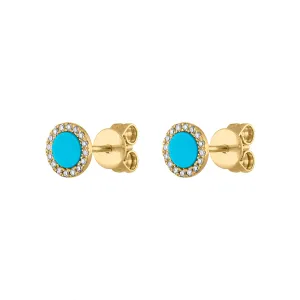 14KT GOLD DIAMOND TURQUOISE DISK STUD EARRING