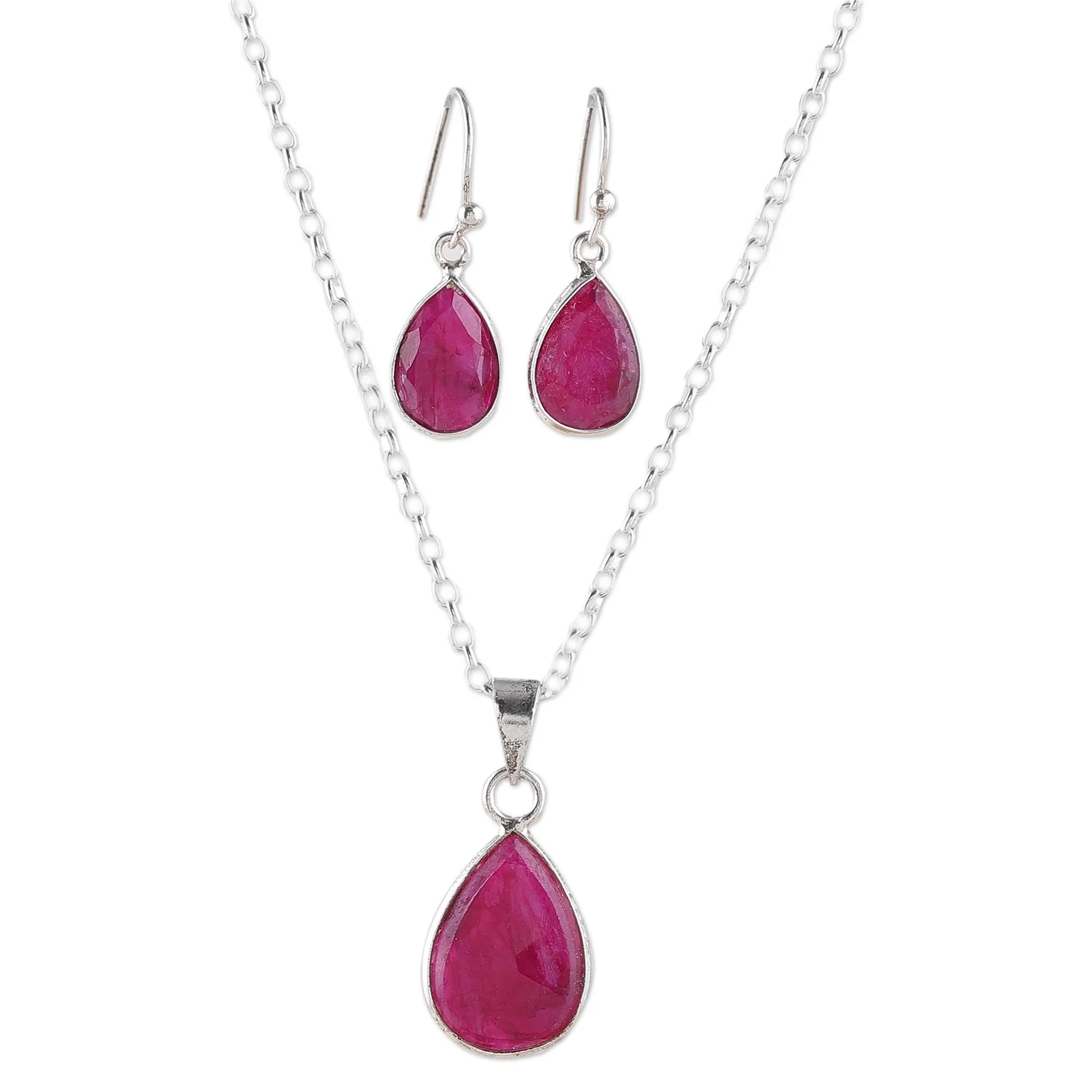 18-Carat Faceted Ruby Necklace and Earrings Jewelry Set - Blissful Ruby | NOVICA