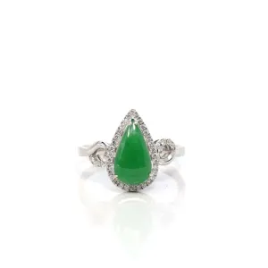 18k White Gold Natural Imperial Green Pear Shape Jadeite Jade Engagement Ring With Diamonds