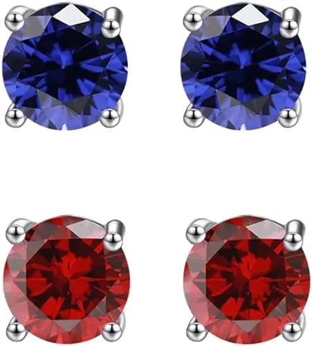 18k White Gold Plated 3Ct Created Blue sapphire and  Ruby 2 Pair Round Stud Earrings
