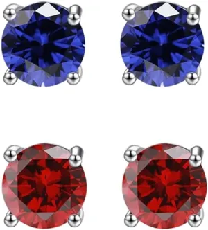 18k White Gold Plated 3Ct Created Blue sapphire and  Ruby 2 Pair Round Stud Earrings
