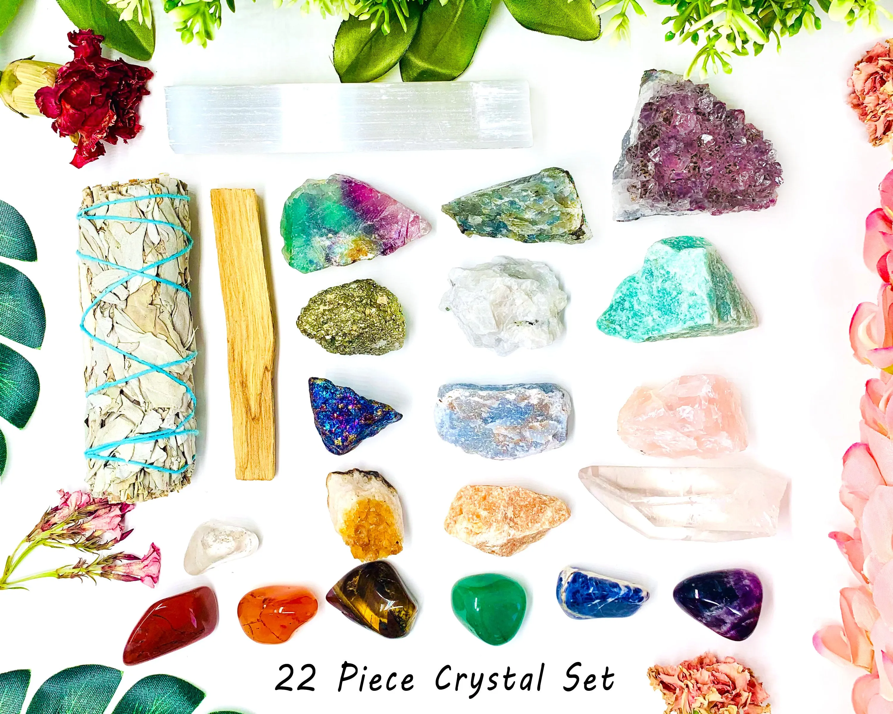 22 pcs Crystal Kit Box - Raw Crystal, Gemstones, Sage, Cluster Kit, Chakra Crystal Set for Beginner Starter, Reiki Mediation Healing Gift