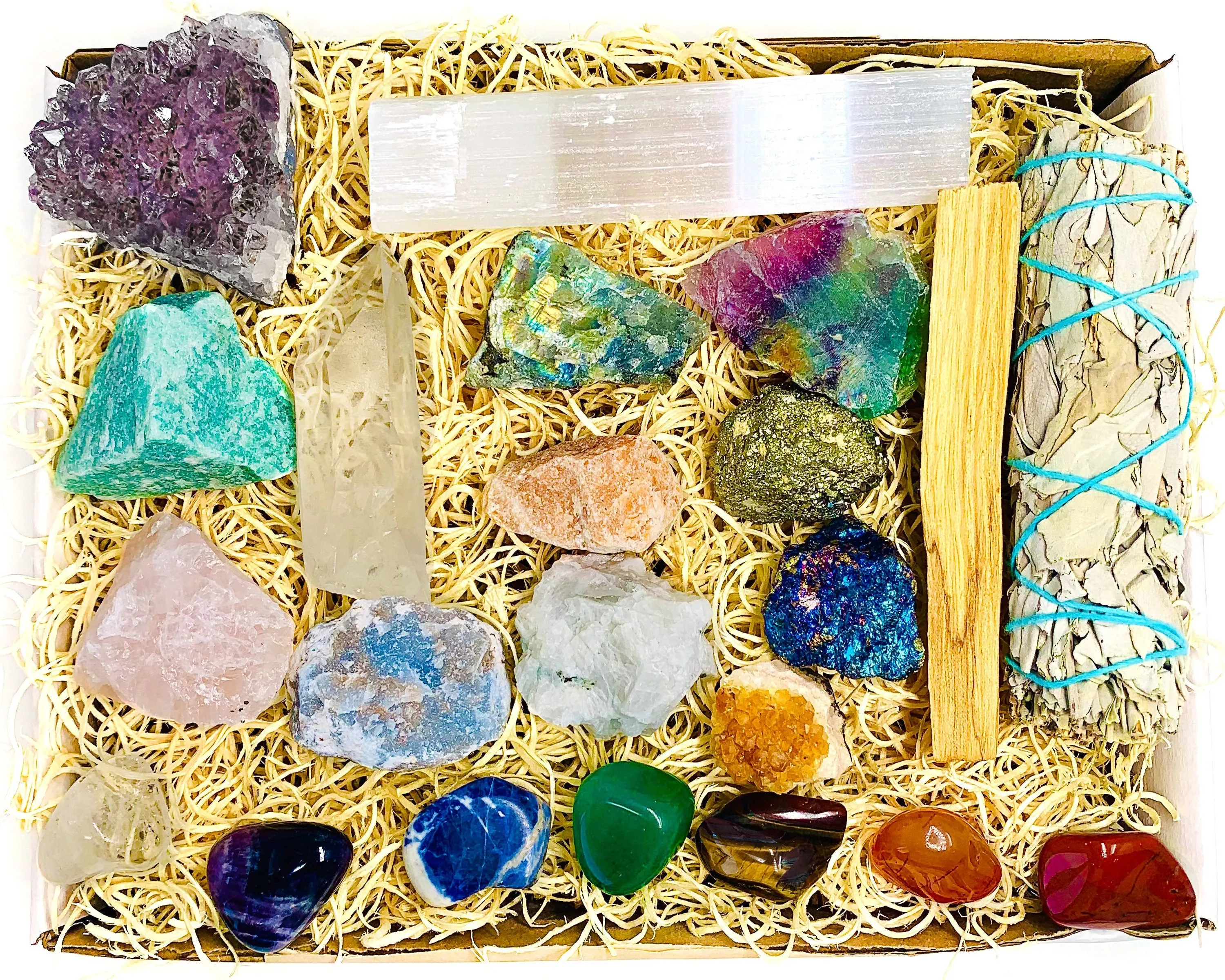 22 pcs Crystal Kit Box - Raw Crystal, Gemstones, Sage, Cluster Kit, Chakra Crystal Set for Beginner Starter, Reiki Mediation Healing Gift