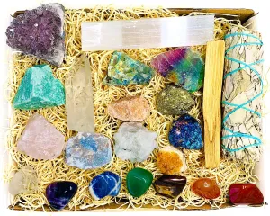 22 pcs Crystal Kit Box - Raw Crystal, Gemstones, Sage, Cluster Kit, Chakra Crystal Set for Beginner Starter, Reiki Mediation Healing Gift