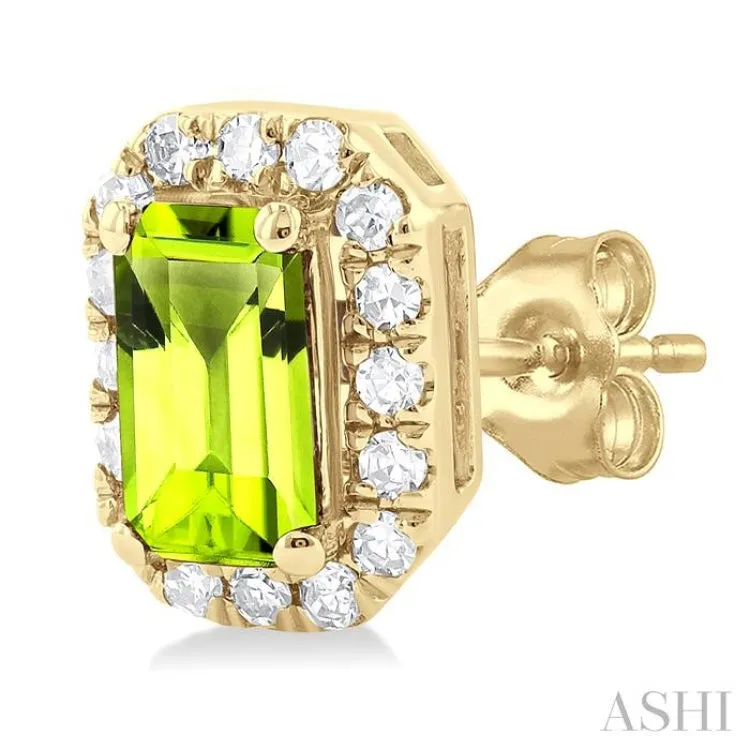 5x3 MM Octagonal Shape Peridot and 1/8 ctw Single Cut Diamond Halo Semi Precious Stud Earrings in 10K Yellow Gold