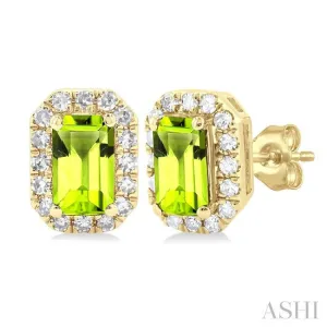 5x3 MM Octagonal Shape Peridot and 1/8 ctw Single Cut Diamond Halo Semi Precious Stud Earrings in 10K Yellow Gold