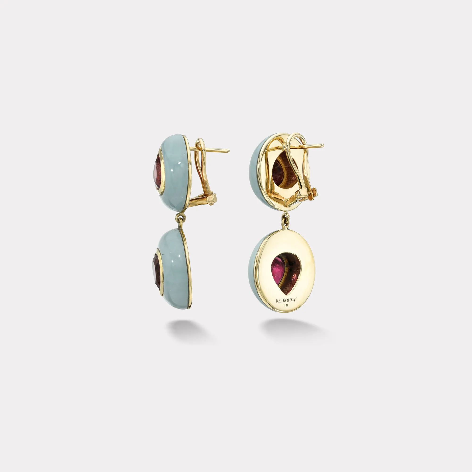 8.7ct Pear Rubellites in Hand Carved Milky Turquoise Lollipop Earrings