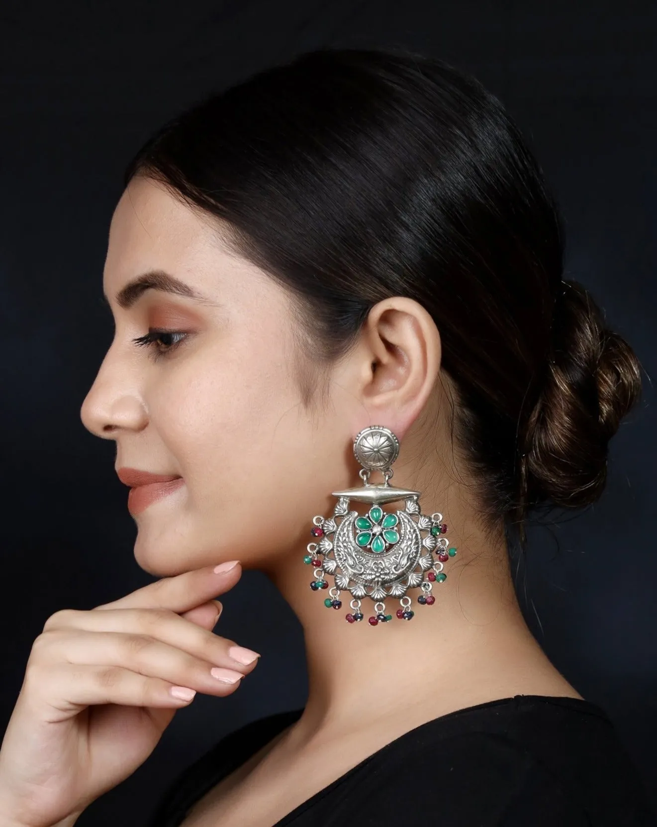 925 Silver Half Moon Multicolor Handmade Earring with Ruby Color and Green Stone Hanging