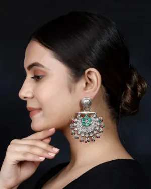 925 Silver Half Moon Multicolor Handmade Earring with Ruby Color and Green Stone Hanging