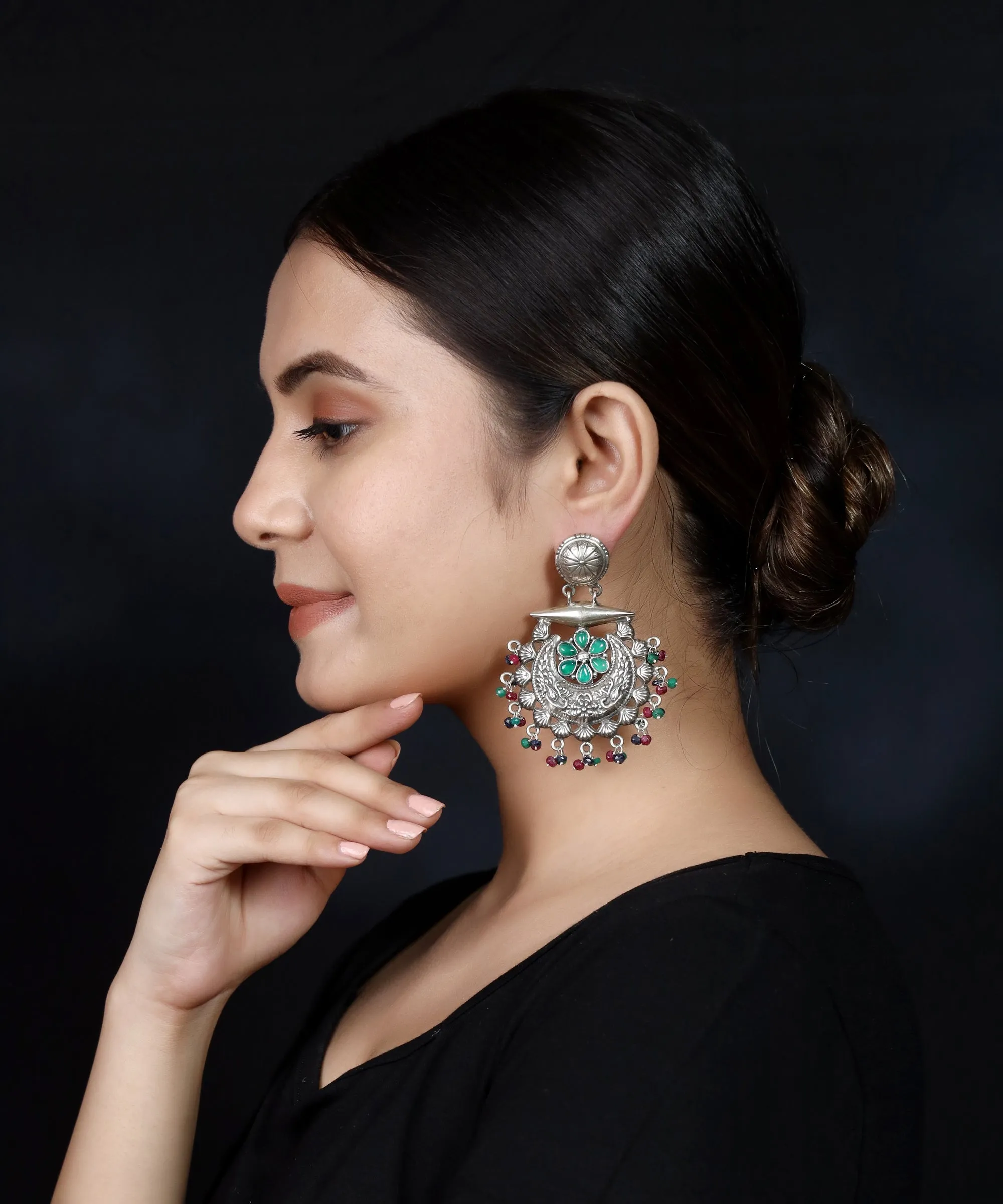 925 Silver Half Moon Multicolor Handmade Earring with Ruby Color and Green Stone Hanging