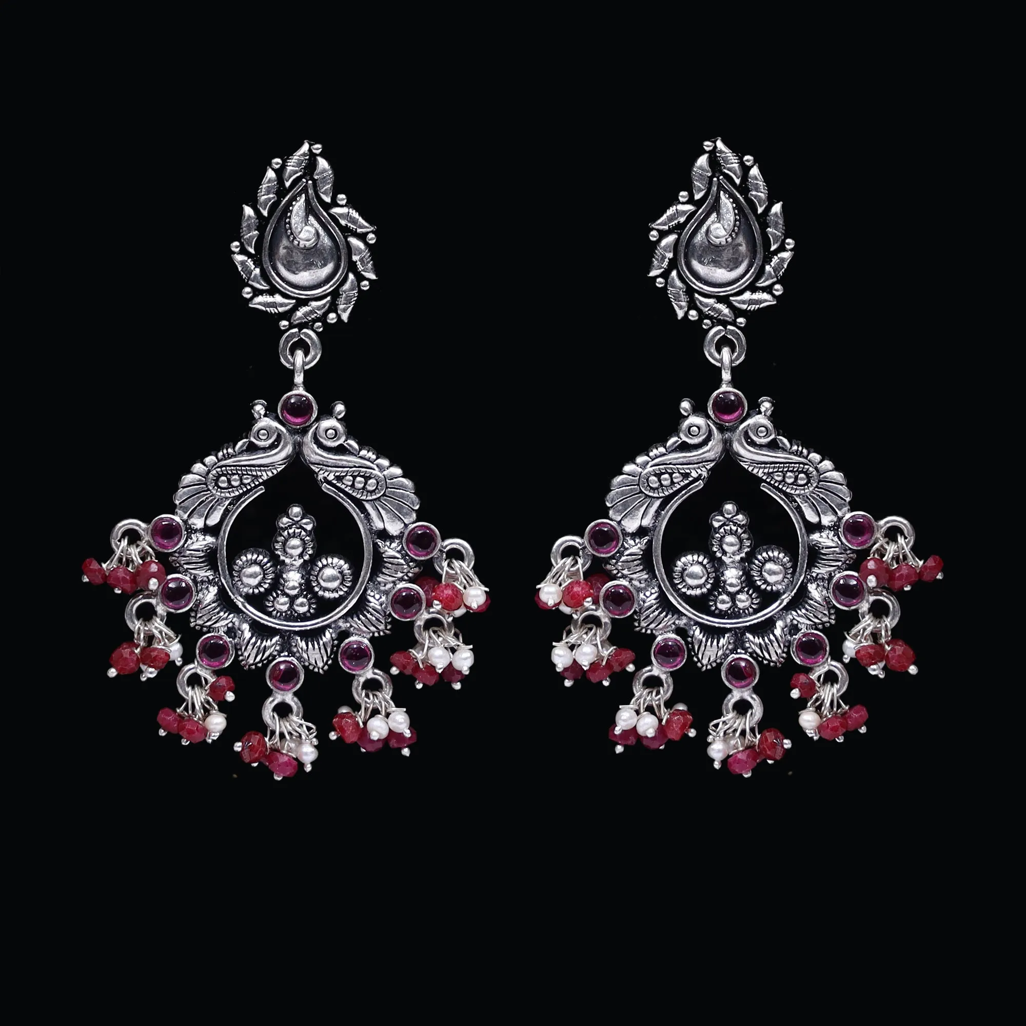 925 Silver Handmade Earring with Ruby Color and Fresh Water Pearl Hanging