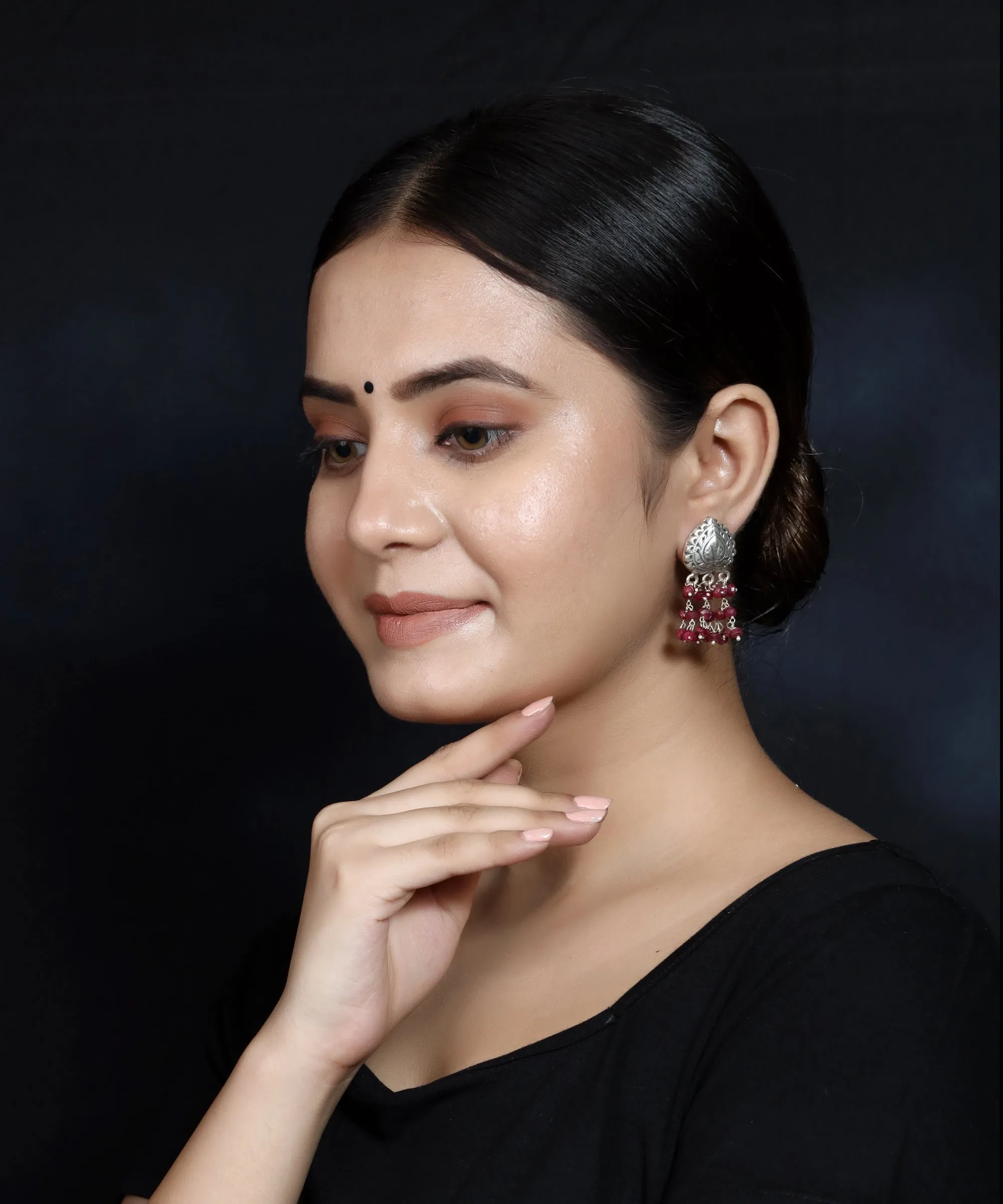 925 Silver Handmade Earring With Ruby Color Hanging