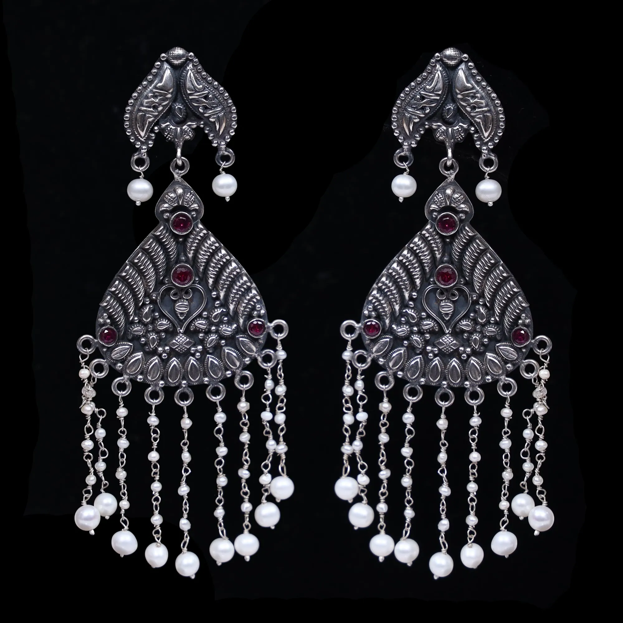 925 Silver Handmade Earring With Ruby Color Stone and Fresh Water Pearls Hanging