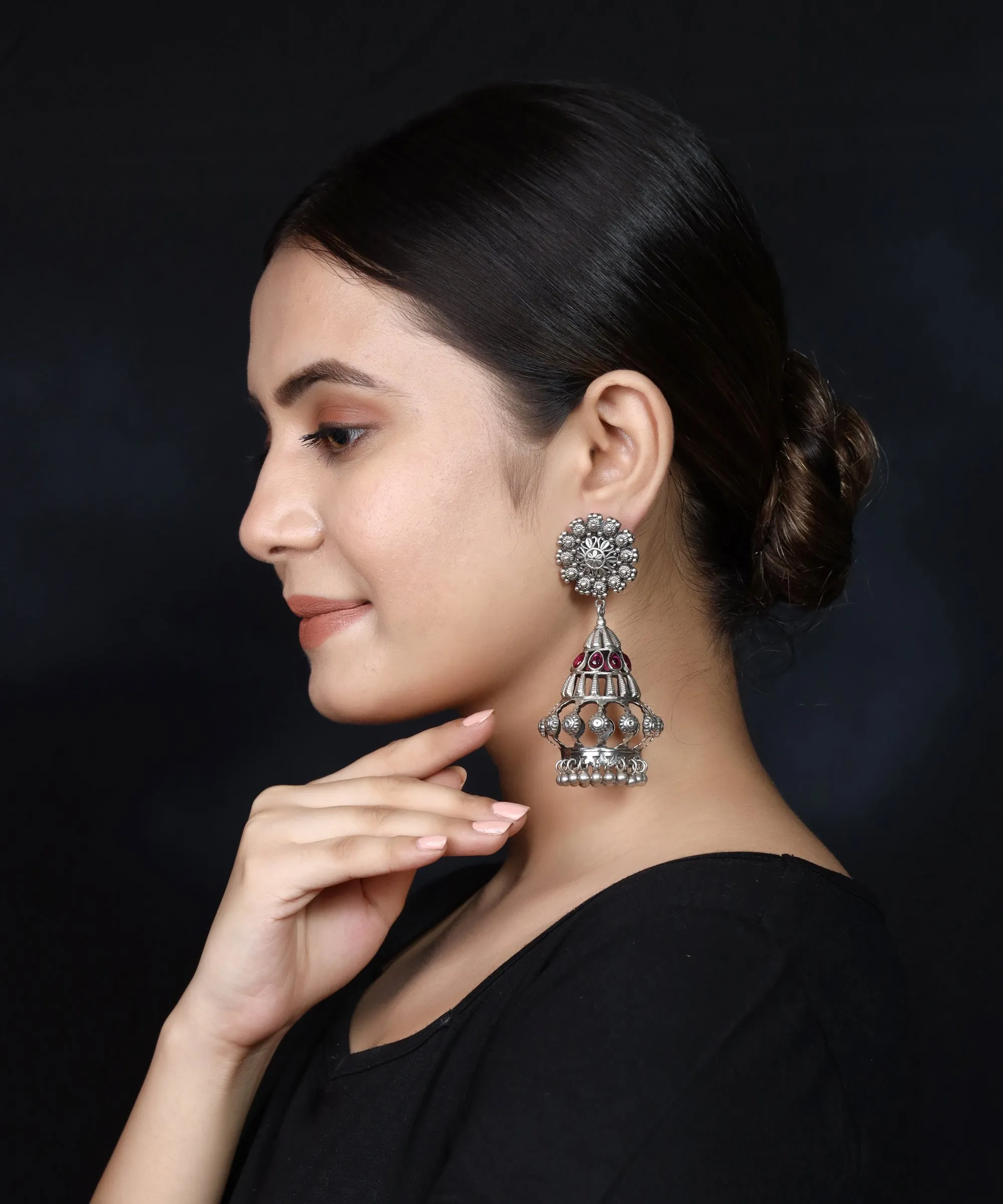 925 Silver Long Handmade Earring with Ruby Color and Silver Ball Hanging