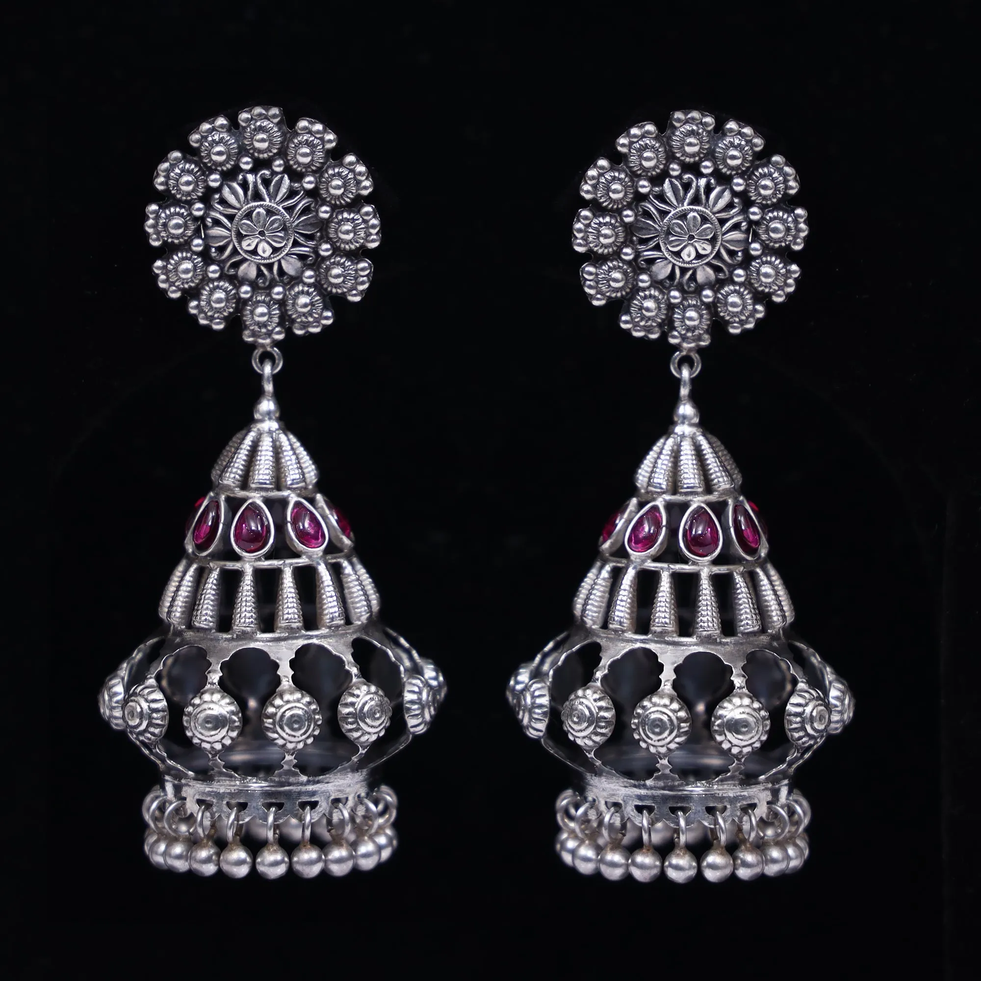 925 Silver Long Handmade Earring with Ruby Color and Silver Ball Hanging