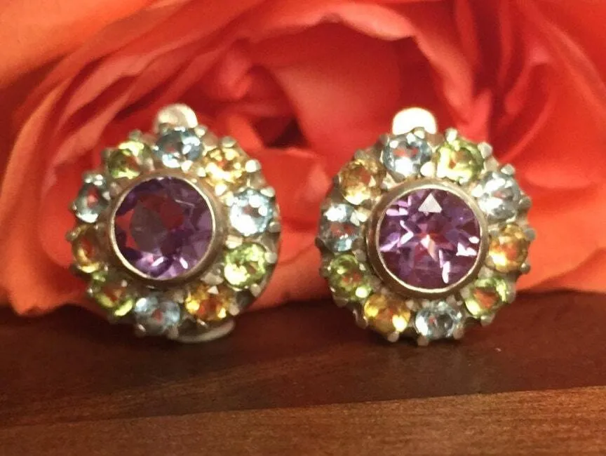 Amethyst Flower Earrings - Multistone Stud Earrings - Natural Amethyst Earrings