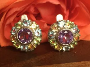 Amethyst Flower Earrings - Multistone Stud Earrings - Natural Amethyst Earrings