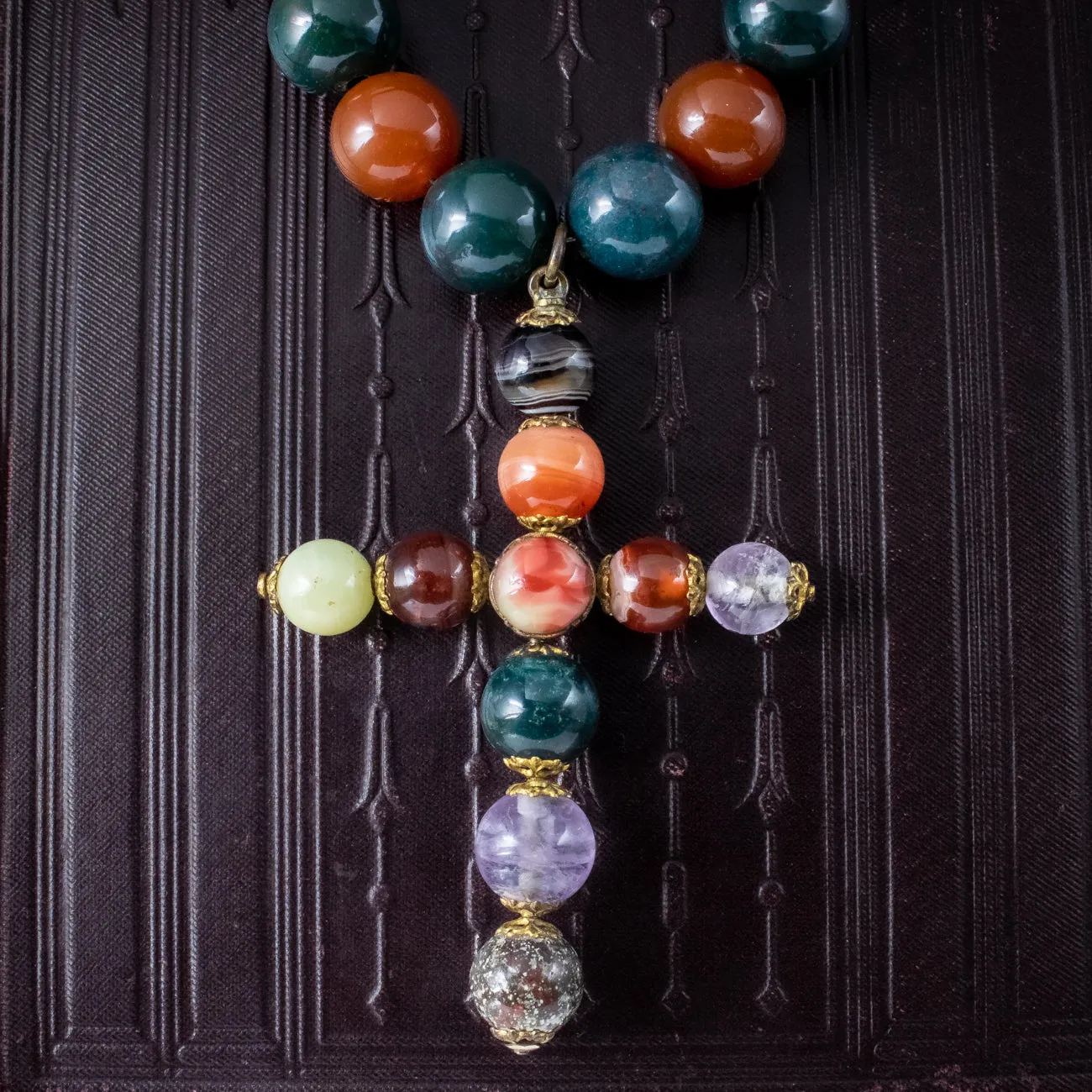 Antique Georgian Agate Glass Bead Cross Necklace