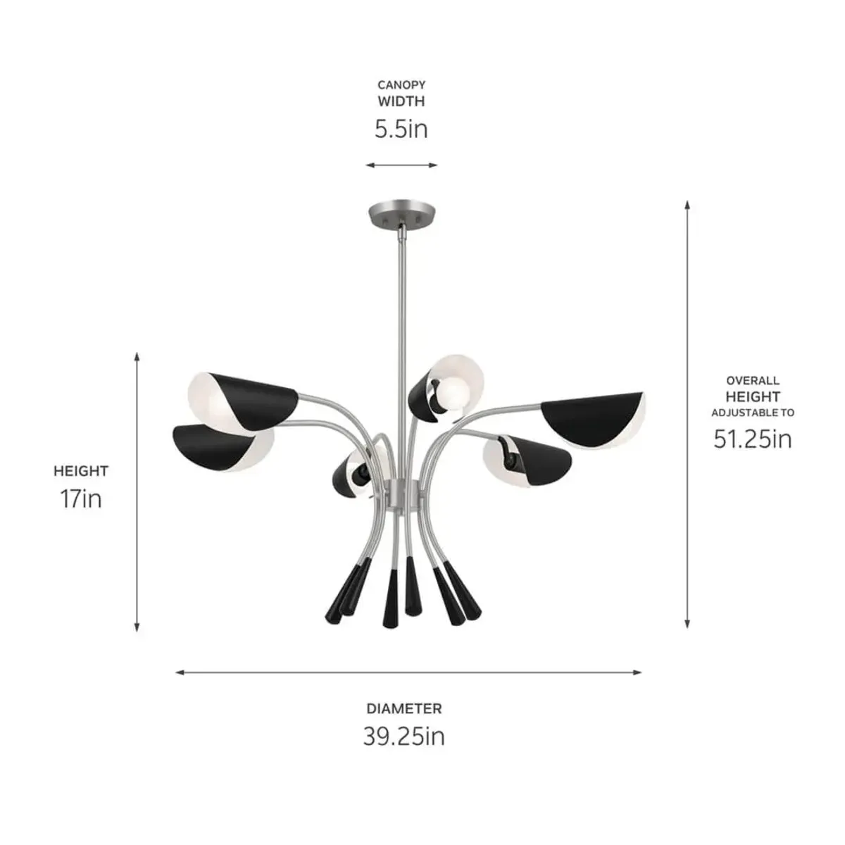 Arcus 39 in. 6 Lights Chandelier Satin Nickel Finish with Black shade