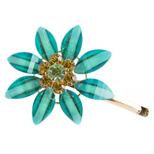 Austrian Crystal Rhinestone Fashion Jewerly Flower Hair Clip Gold Aqua Blue