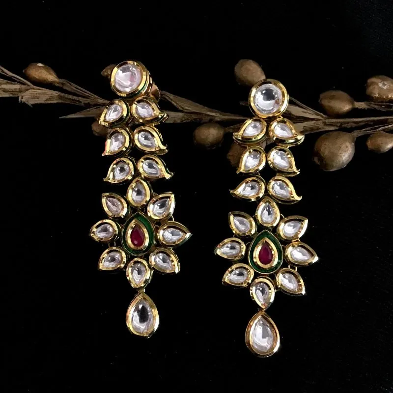 Beautiful Designer Kundan Danglers With Ruby Green Stone