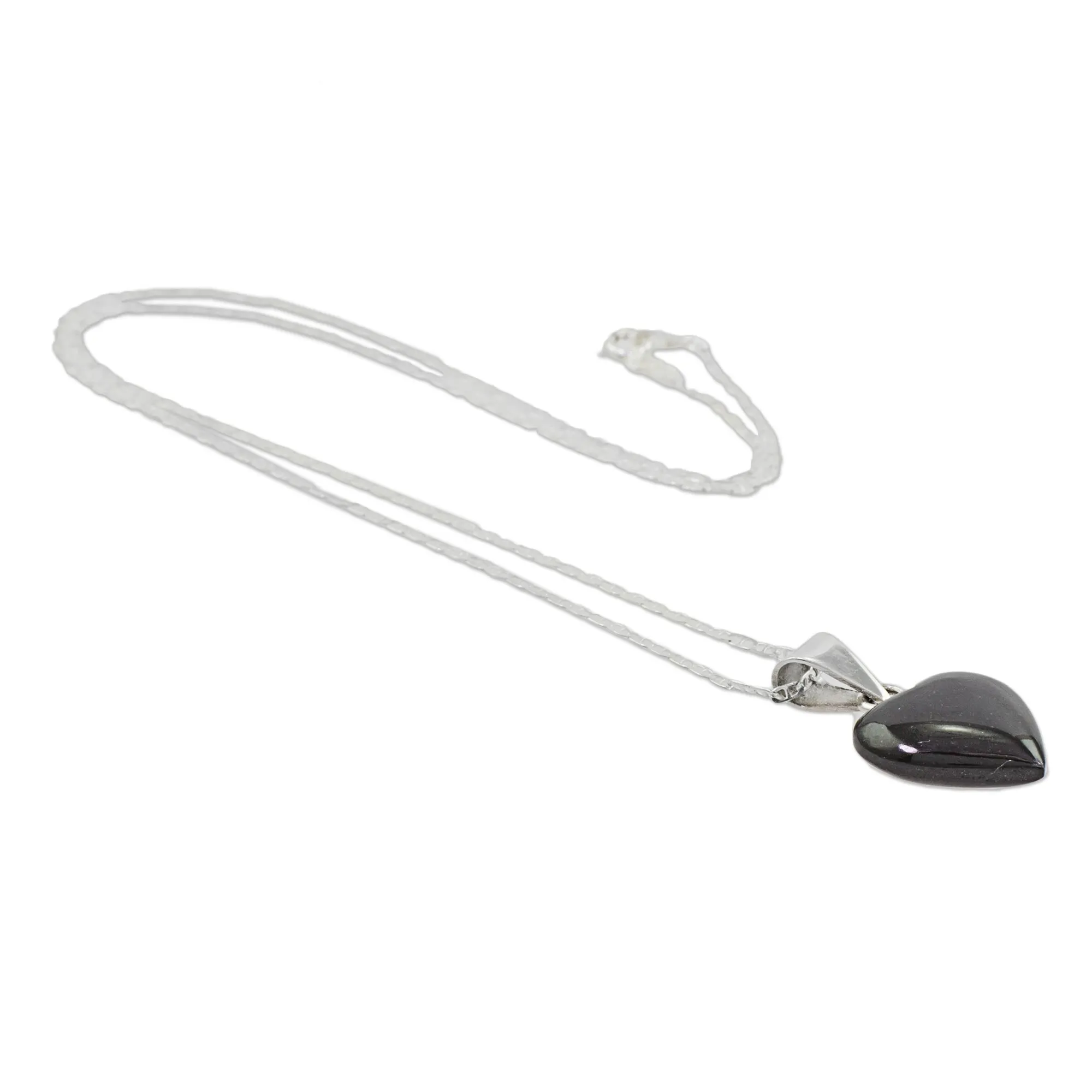 Black Jade Sterling Silver Heart Pendant Necklace Guatemala - Mayan Heart in Black | NOVICA