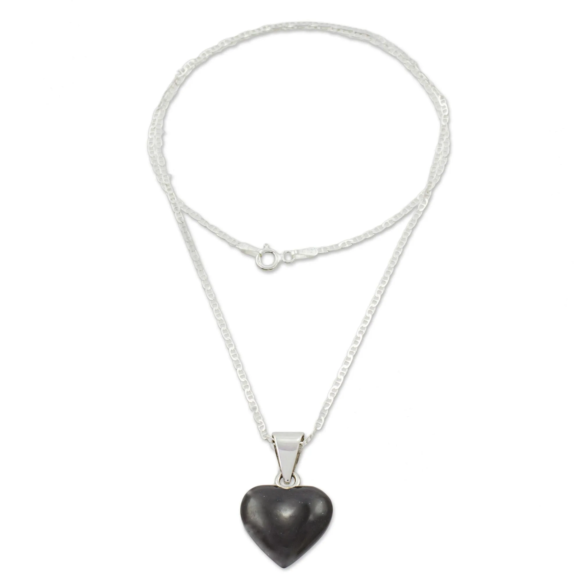 Black Jade Sterling Silver Heart Pendant Necklace Guatemala - Mayan Heart in Black | NOVICA