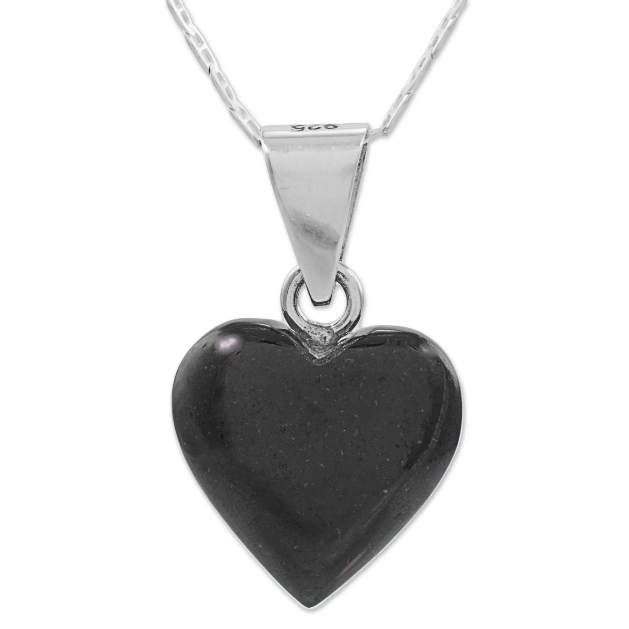 Black Jade Sterling Silver Heart Pendant Necklace Guatemala - Mayan Heart in Black | NOVICA