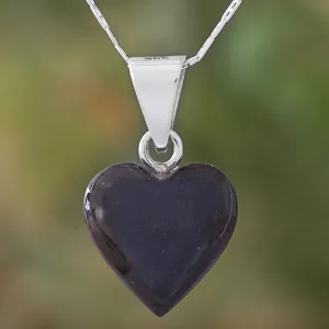 Black Jade Sterling Silver Heart Pendant Necklace Guatemala - Mayan Heart in Black | NOVICA