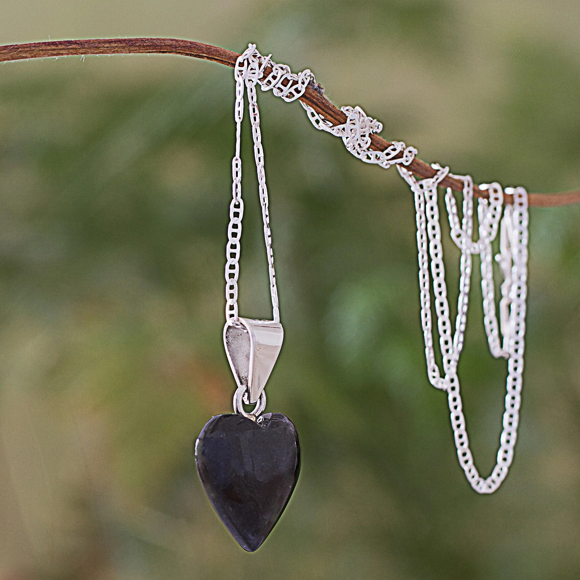 Black Jade Sterling Silver Heart Pendant Necklace Guatemala - Mayan Heart in Black | NOVICA