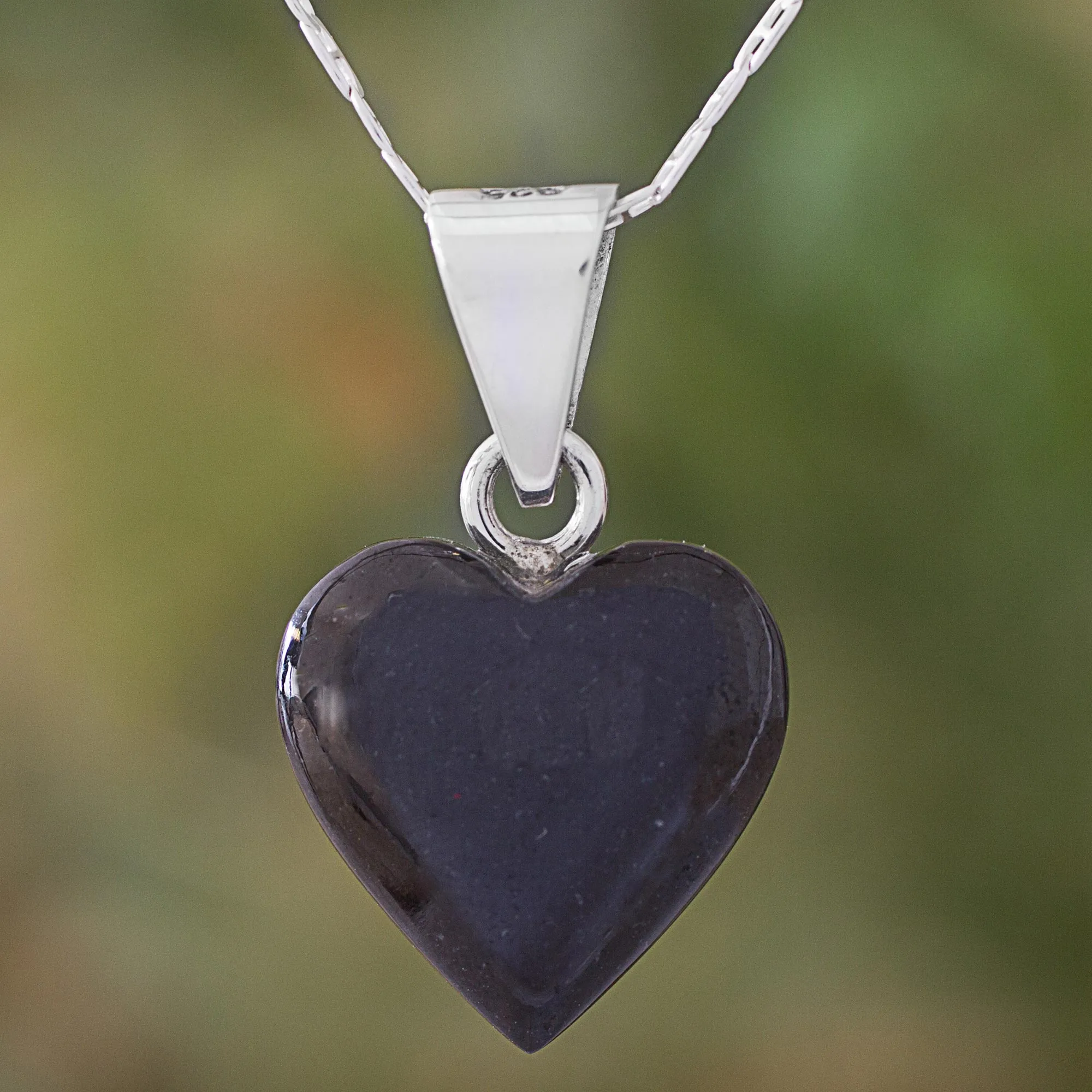 Black Jade Sterling Silver Heart Pendant Necklace Guatemala - Mayan Heart in Black | NOVICA
