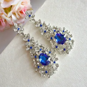 Blue Crystal Floral Spray Cluster Chandelier Earrings. Sapphire Rhinestone Teardrop Bridal Earrings. Blue Wedding Earrings, Dangle Earrings