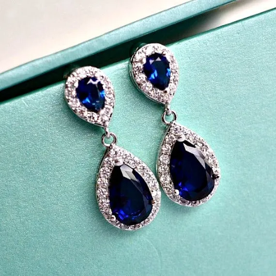 Blue Sapphire Teardrop Bridal Earrings, Navy Blue CZ Wedding Earrings, Something Blue Crystal Bridal Earrings, Blue Bridesmaids Earrings