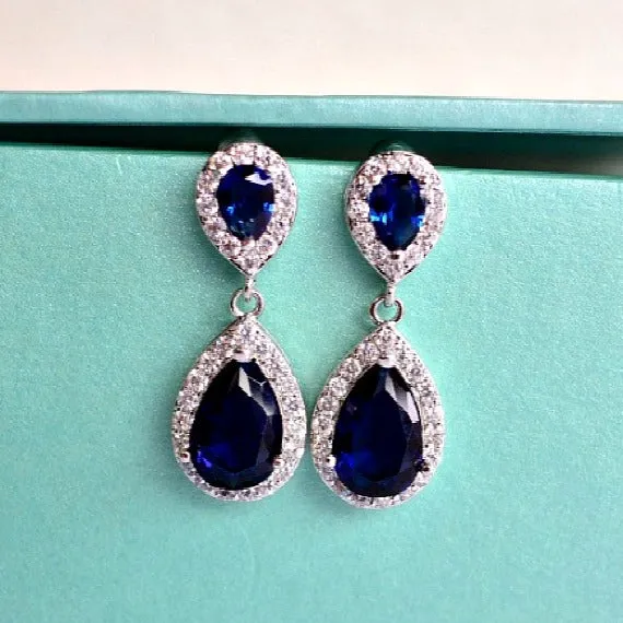 Blue Sapphire Teardrop Bridal Earrings, Navy Blue CZ Wedding Earrings, Something Blue Crystal Bridal Earrings, Blue Bridesmaids Earrings