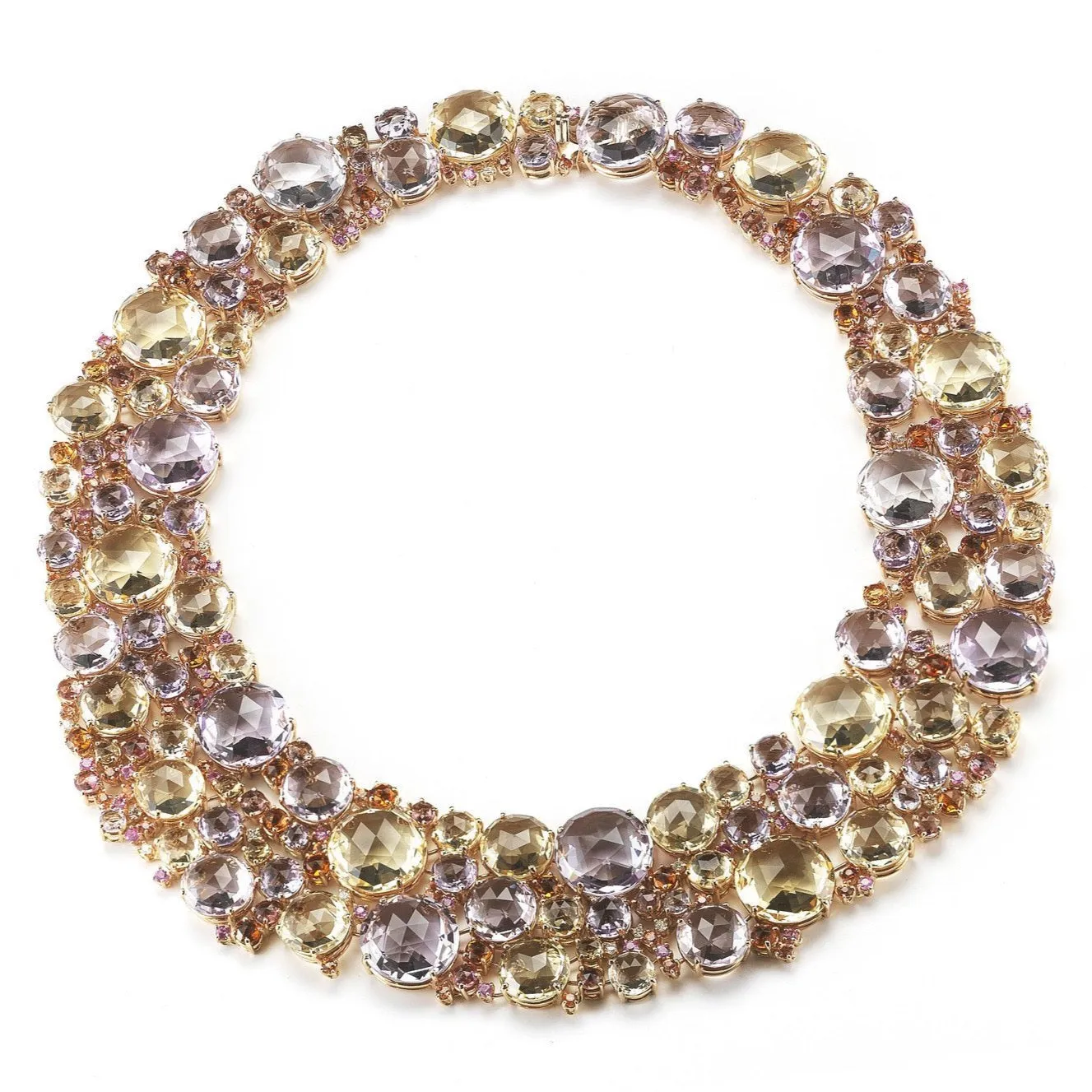 Bouquet - Bib Necklace with Rose de France, Citrine, Pink Tourmaline, Orange and Pink Sapphires and Diamonds, 18k Rose Gold.