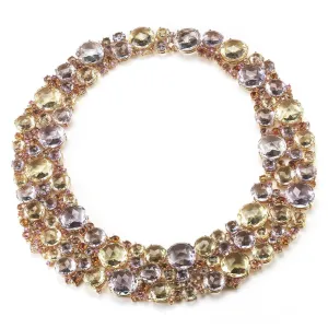 Bouquet - Bib Necklace with Rose de France, Citrine, Pink Tourmaline, Orange and Pink Sapphires and Diamonds, 18k Rose Gold.