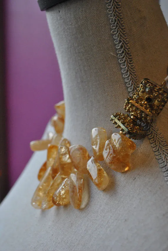 CITRINE AND VINTAGE GOLD ELEMENTS STATEMENT ASYMMETRIC NECKLACE