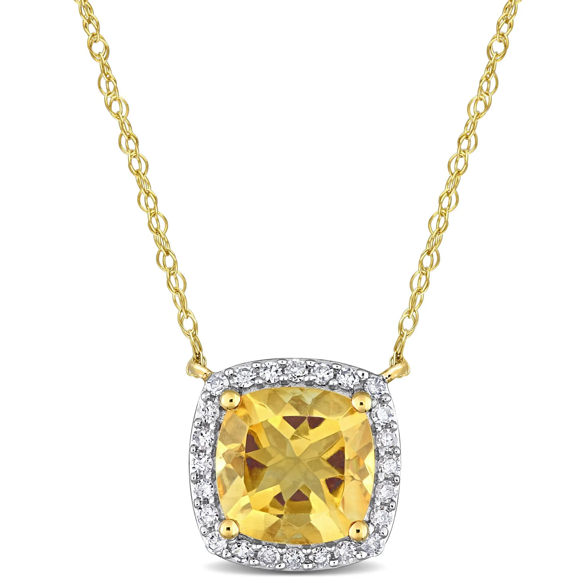 Cushion Citrine and 1/8ctw Diamond Halo Yellow Gold Pendant Necklace
