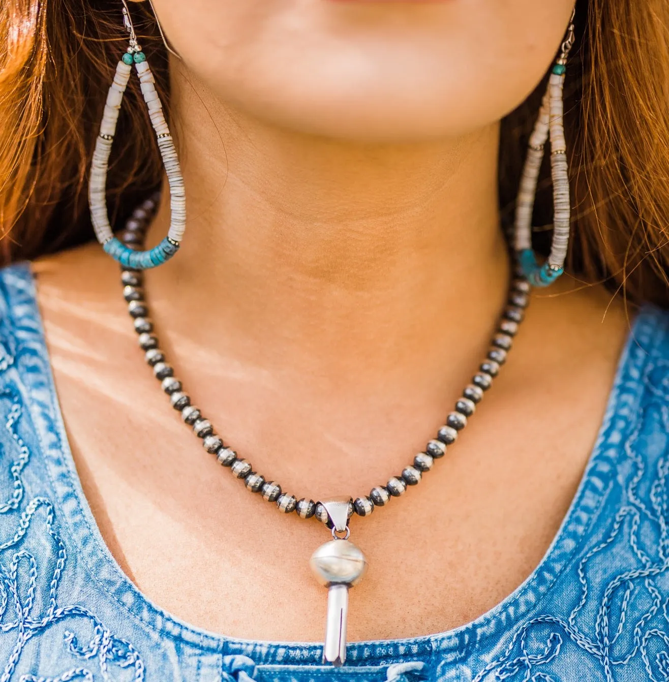 Earrings, Turquoise with Grey and White Shells Heishi Loops, 352F - Sale!