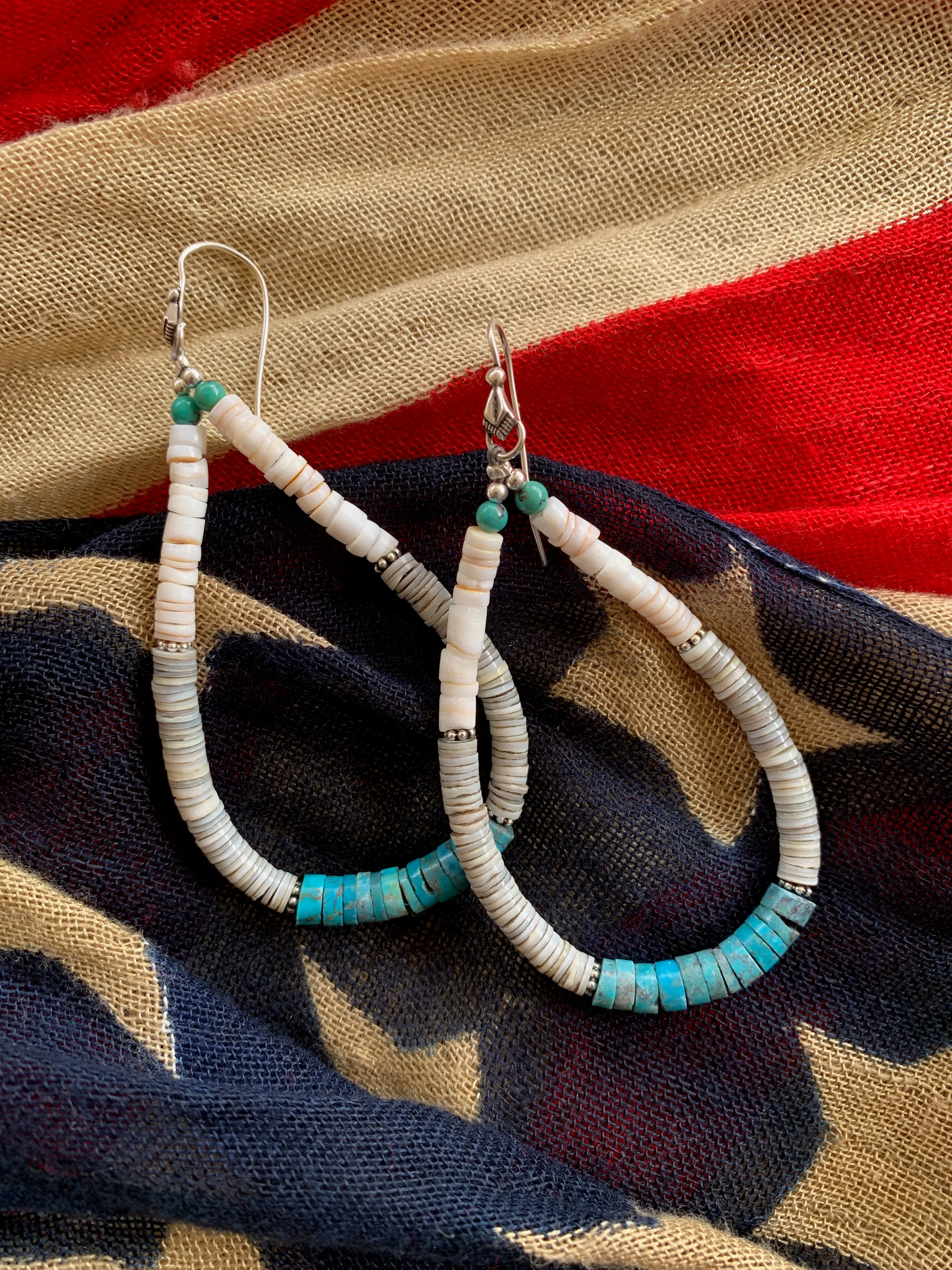 Earrings, Turquoise with Grey and White Shells Heishi Loops, 352F - Sale!