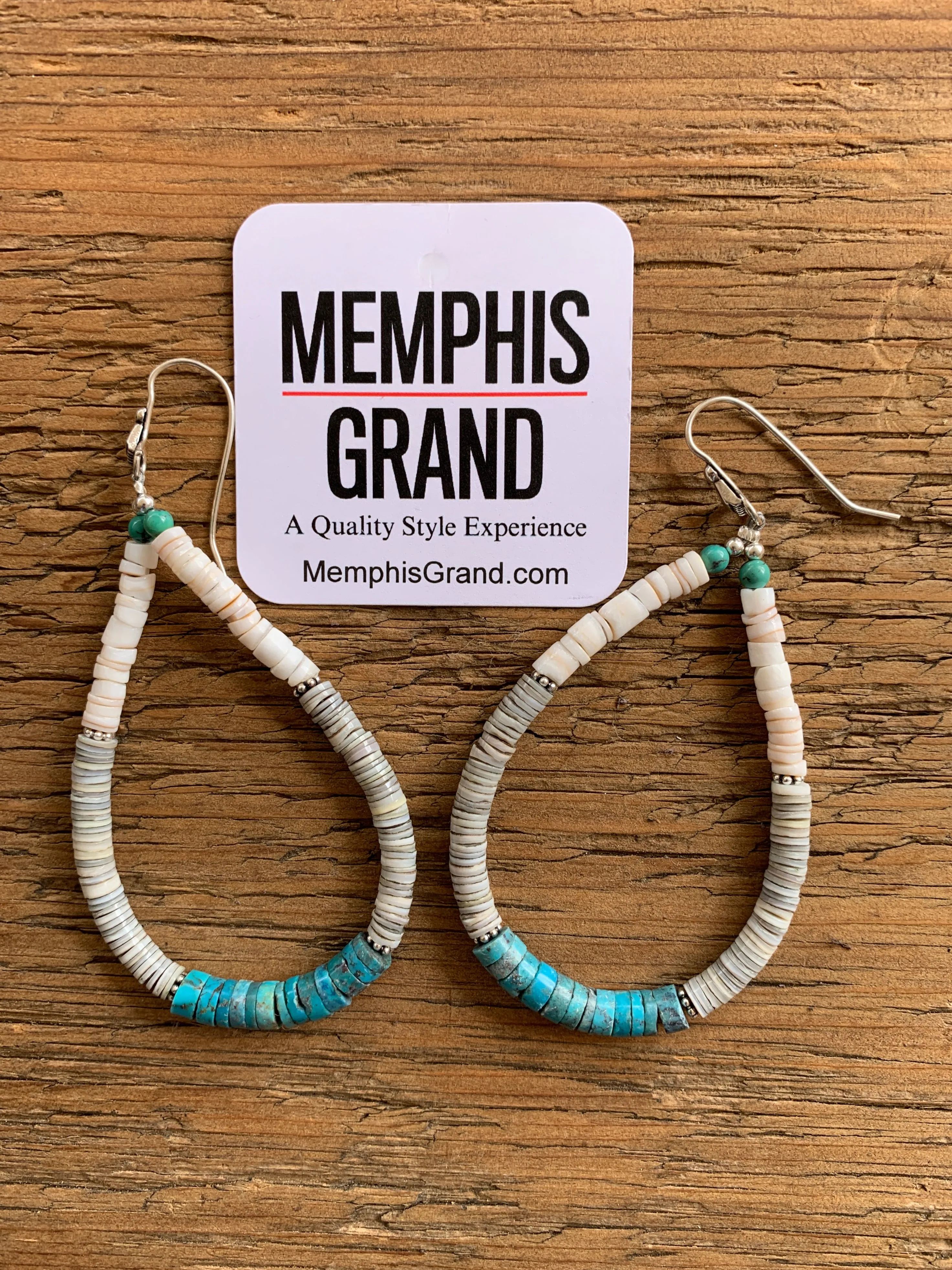 Earrings, Turquoise with Grey and White Shells Heishi Loops, 352F - Sale!