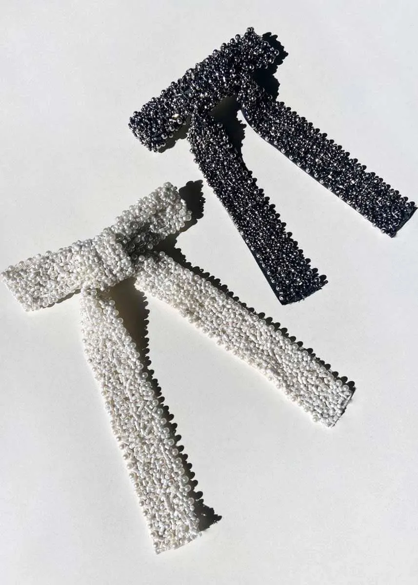 Embellished Hair Bow Barrette Clip -  Black