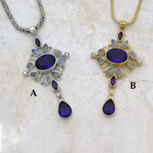 Faceted amethyst or citrine rainbow moonstone and pearl pendant and necklaces