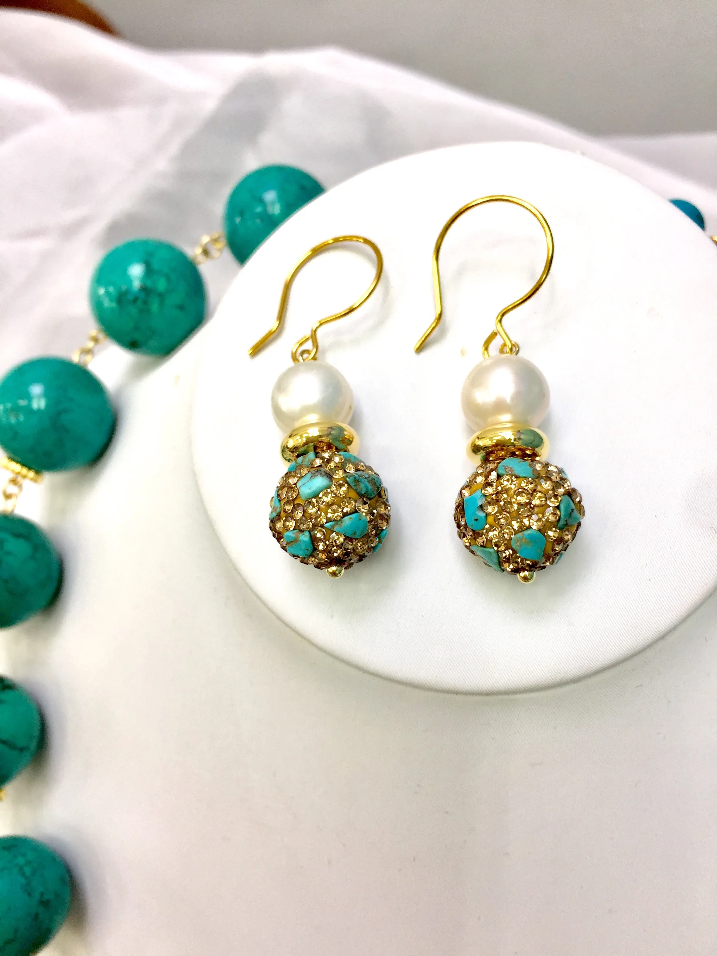 Freshwater Pearl With Rhinestone Turquoise Hook Earrings CE020