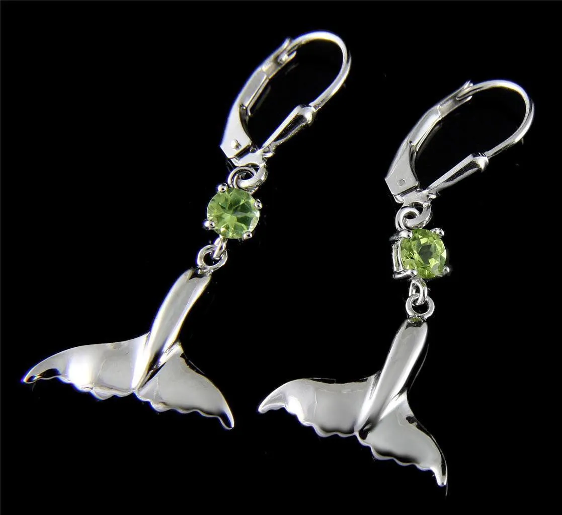GENUINE PERIDOT SILVER 925 HAWAIIAN WHALE TAIL LEVERBACK EARRINGS RHODIUM 16MM (WJ-31)