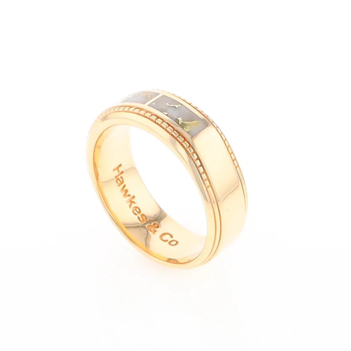 Gold Quartz Ring 3 Section Rectangle Inlaid Milgrain Border Band G1