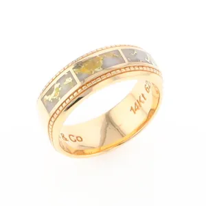 Gold Quartz Ring 3 Section Rectangle Inlaid Milgrain Border Band G1